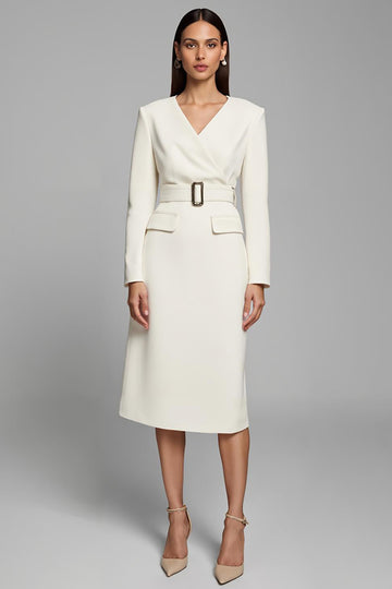 Ivory Sheath Long Sleeve V-Neck Work Dress With Belt
